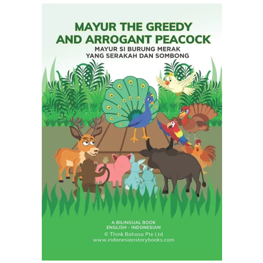 Book cover of 'Mayur the Greedy and Arrogant Peacock' with cartoon animals and green background