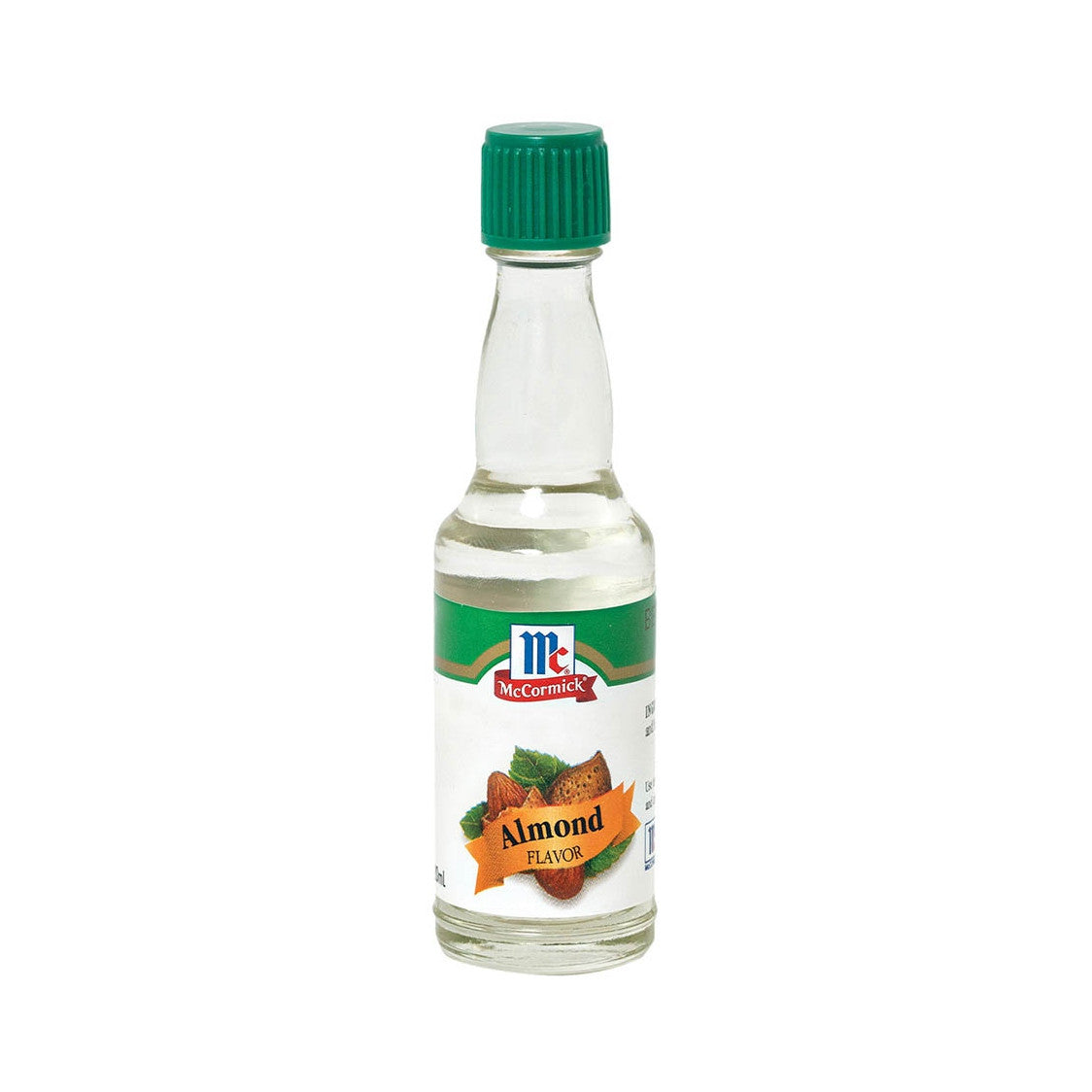 Glass bottle of McCormick almond flavor extract with a green top, with an image of three almonds on a white background.