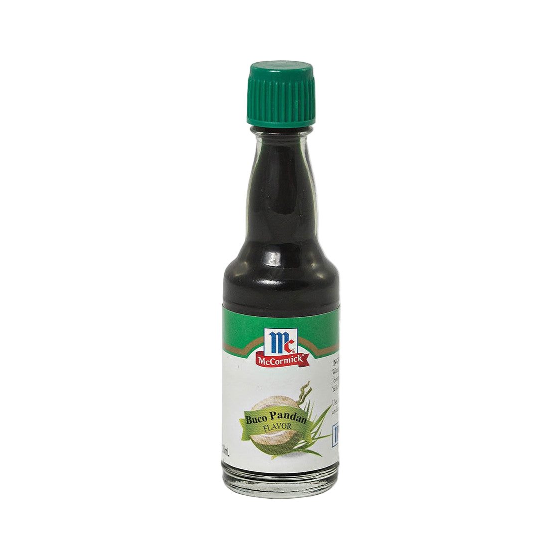 Glass bottle of McCormick Rasa Pandan flavor on a white background
