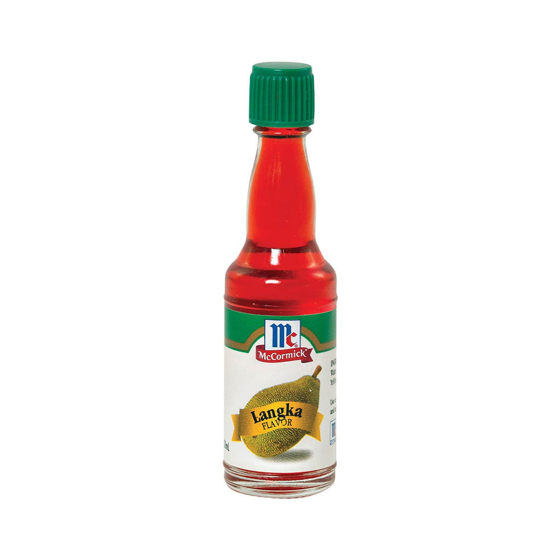 Glass bottle of McCormick Langka flavor with green cap and an image of whole jackfruit on a white background.