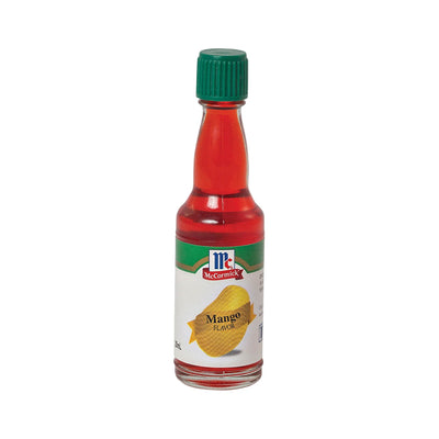 Small glass bottle of McCormick Mango Flavor with an image of yellow mango on the label.