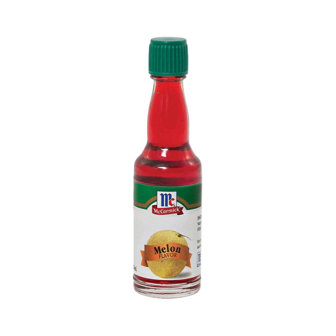 Bottle of McCormick Melon Flavor extract on a white background