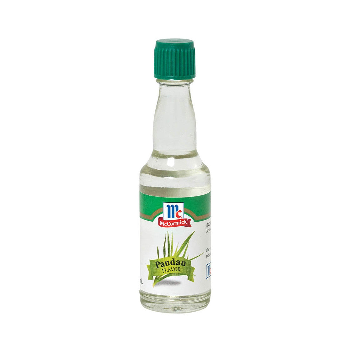 Small glass bottle of McCormick Pandan flavor extract on a white background