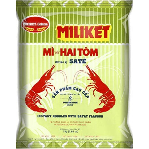 Packaging of Miliket Instant Noodles with Satay Flavor, showing the product name and an image of shrimp, which indicates the flavor of the noodles.