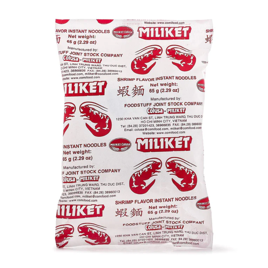 Miliket Shrimp Flavor Instant Noodles packaging on a white background