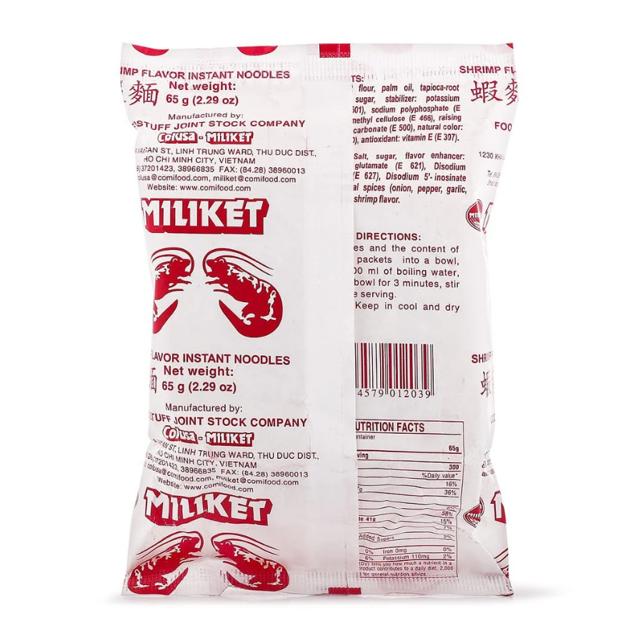 Back view of a Miliket instant noodles package with red branding on a white background