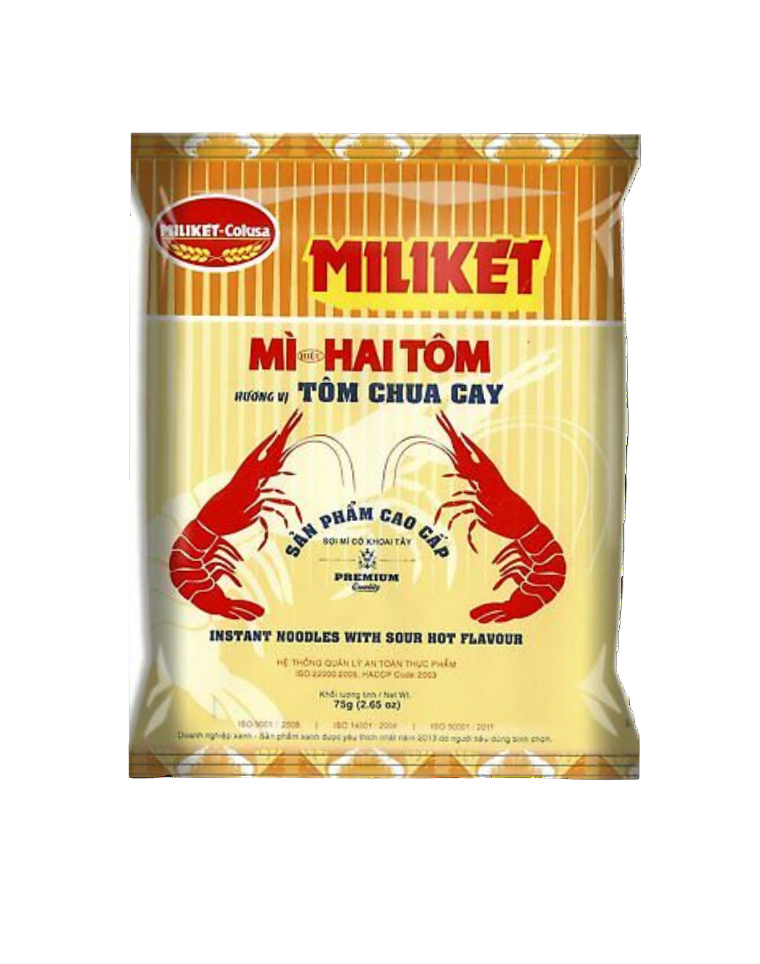 Packaging of Miliket Instant Noodles with Sour Hot Flavor, featuring red lobsters and the product name prominently displayed.
