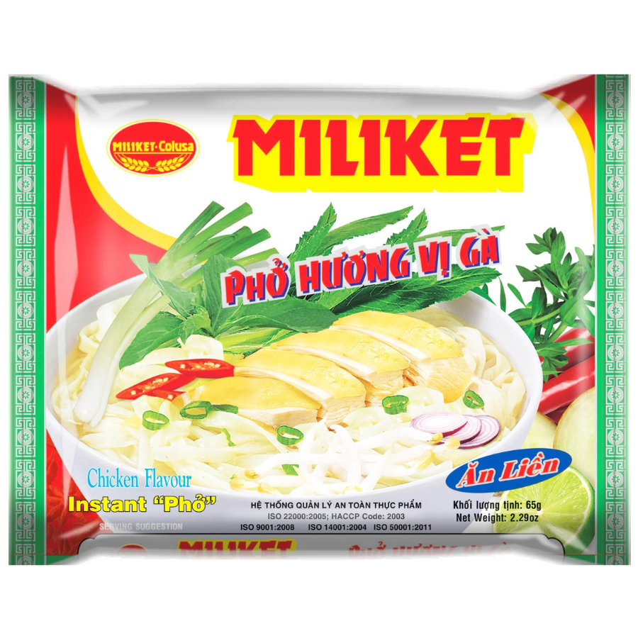 Miliket instant pho chicken flavor noodle package with noodles and vegetables on a white background