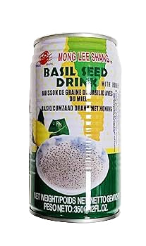 Can of Basil Seed Drink with green and white label on a white background