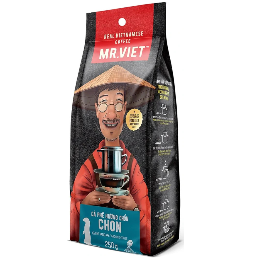 MR. VIET coffee package with a person holding a cup on a white background
