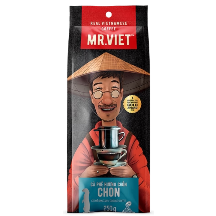 Mr. Viet coffee package with a person holding a cup of coffee on a white background