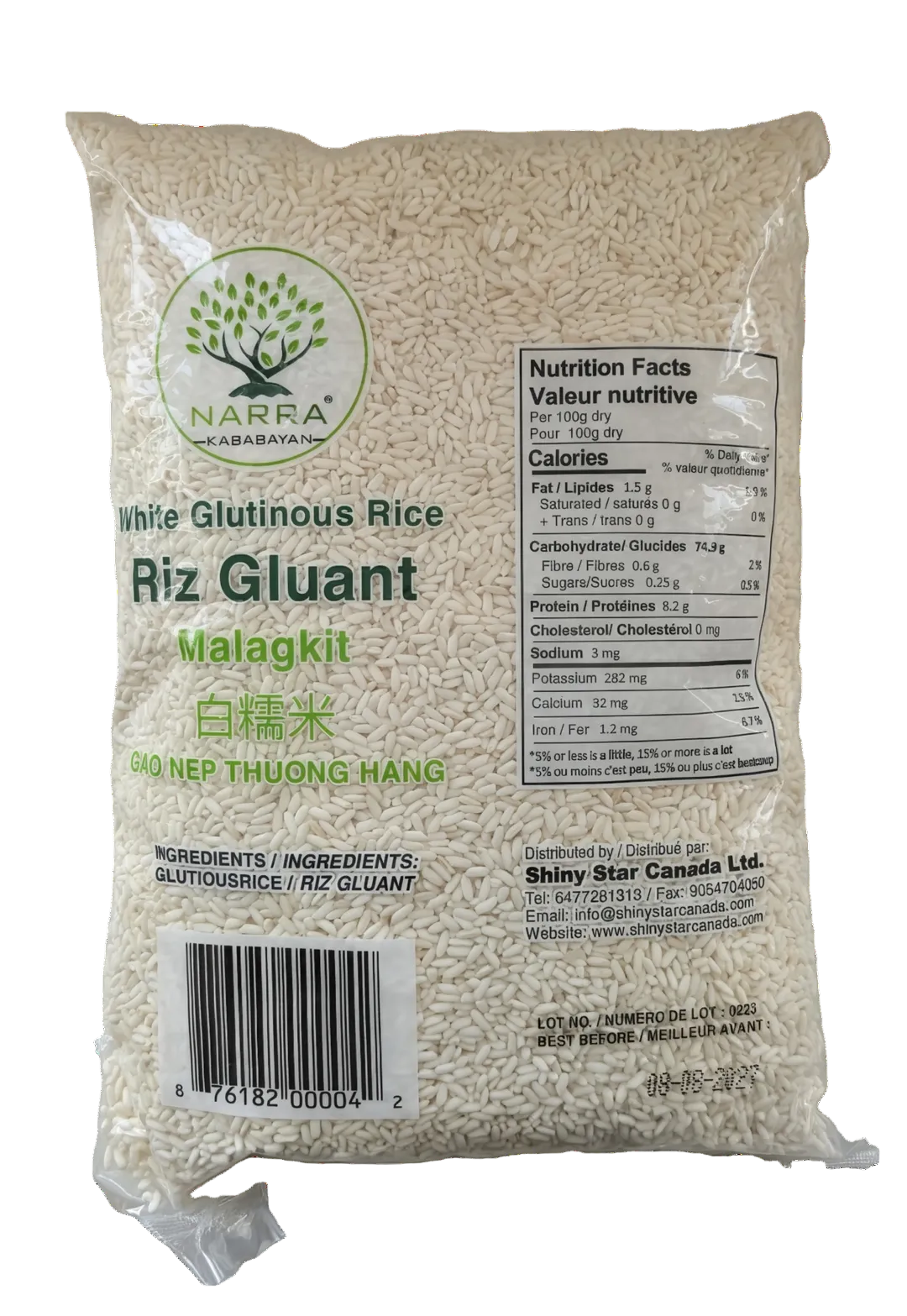 Package of Narra White Glutinous Rice with nutritional information and branding on a white background