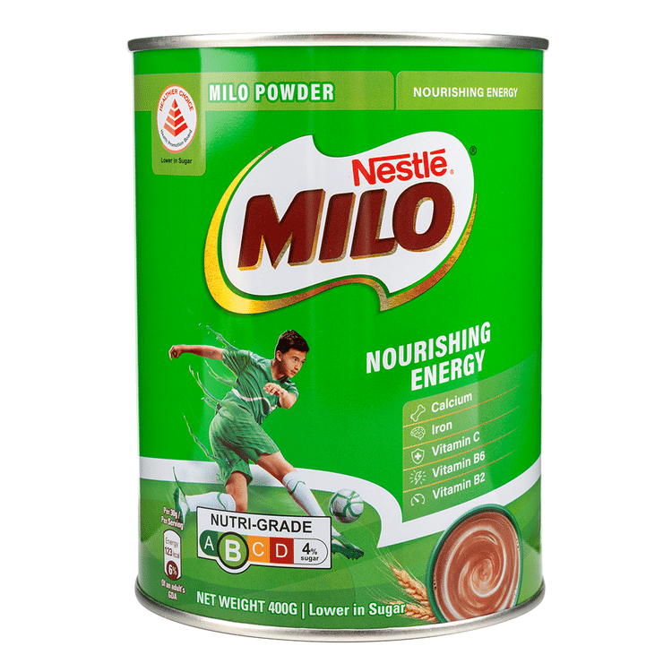 Green can of Nestle Milo powder with a child playing soccer on the label.