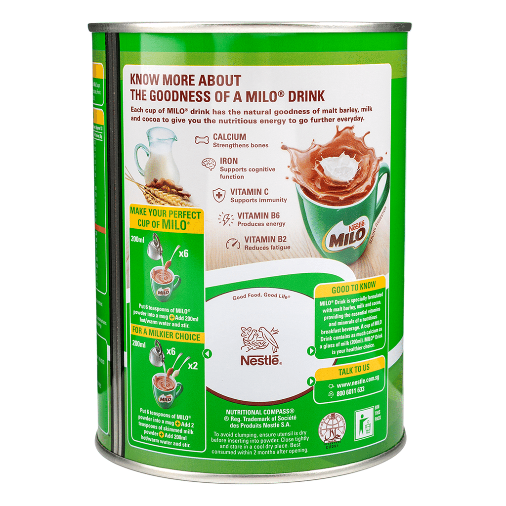 Milo drink can with nutritional information and Nestle logo on a white background