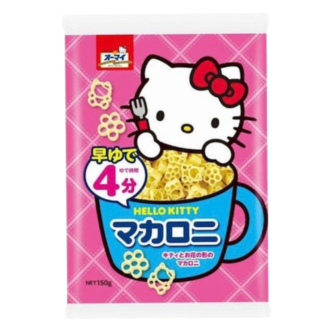 A package of Nippn Hello Kitty Macaroni featuring Hello Kitty sitting in a cup-shaped pasta. The background is pink with a diamond pattern.