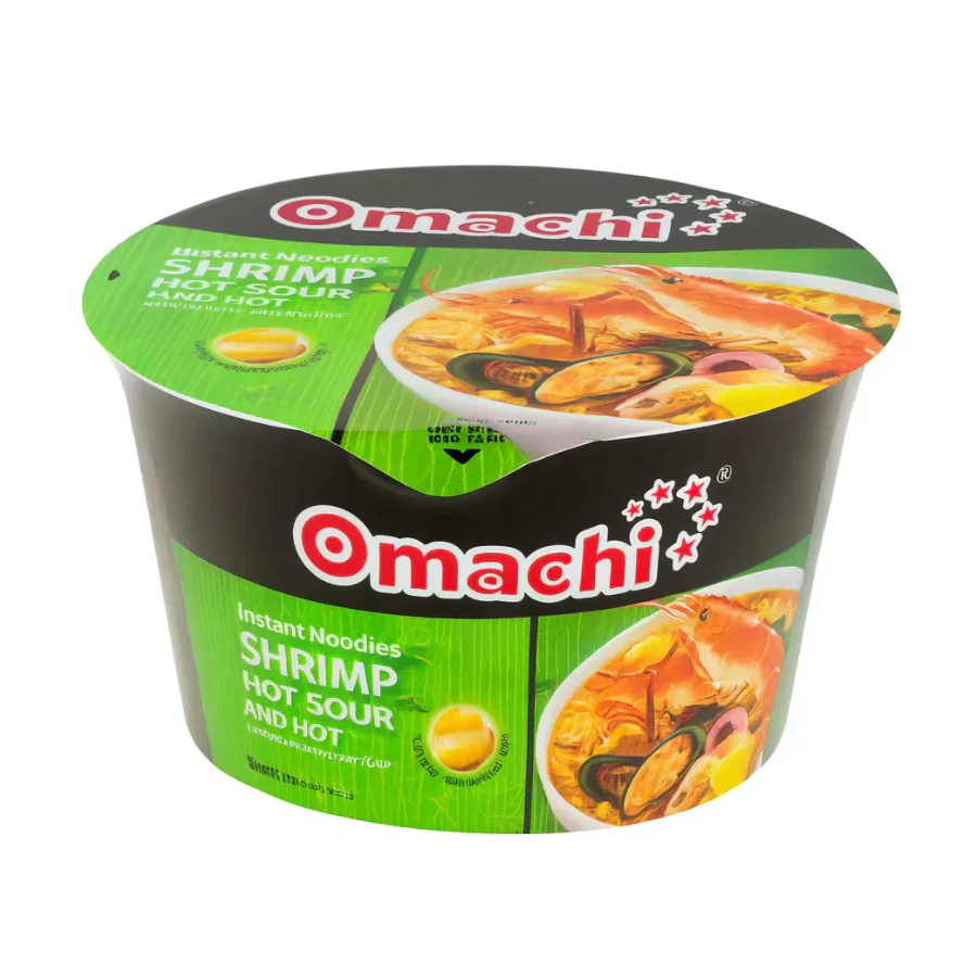 Omachi instant noodle cup with shrimp flavor on a white background