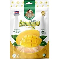 Packaged mangoes with a brand label on a white background