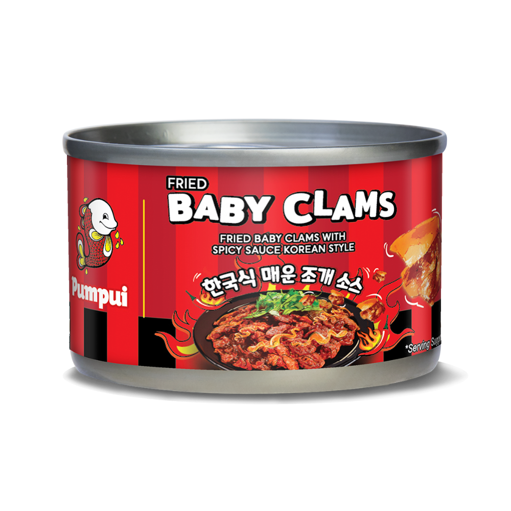 A can of Samgyudong Fried Baby Clams with Spicy Sauce Korean Style, featuring a red label with a cartoon clam character and a photo of the cooked clams, on a white background.