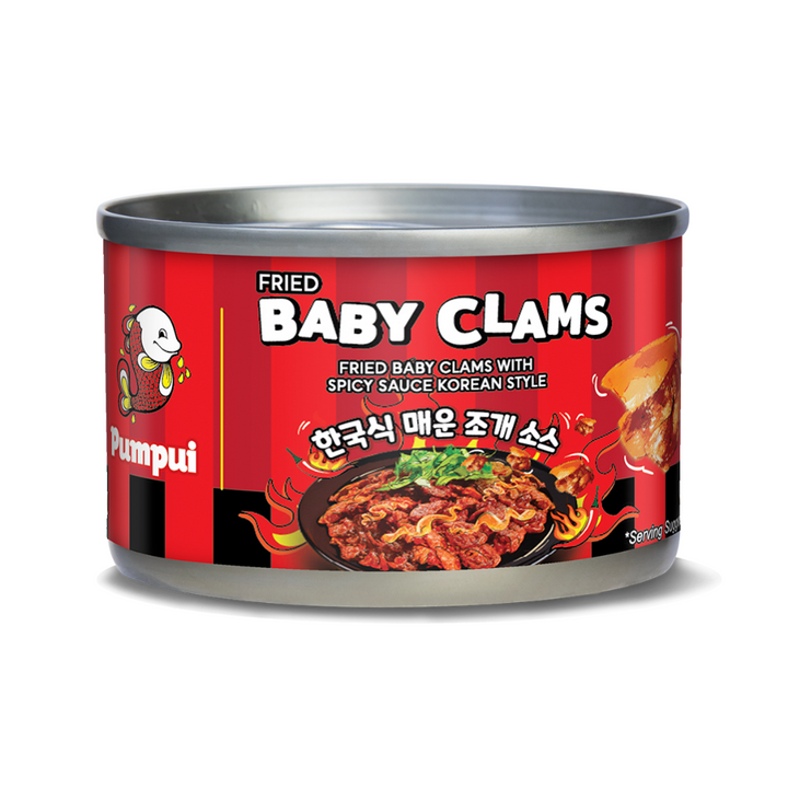 A can of Samgyudong Fried Baby Clams with Spicy Sauce Korean Style, featuring a red label with a cartoon clam character and a photo of the cooked clams, on a white background.