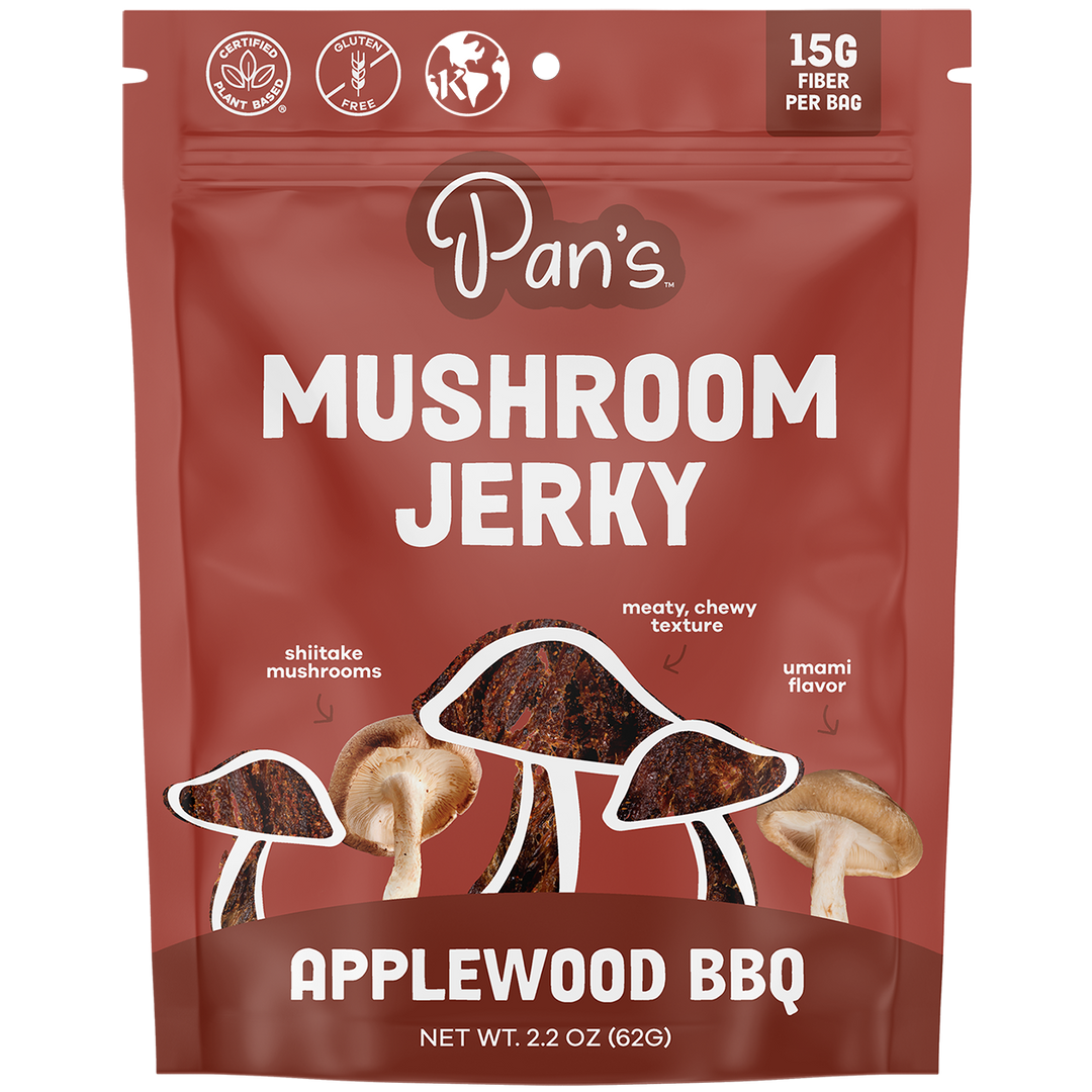 Package of Pan's Mushroom Jerky with Applewood BBQ flavor on a white background