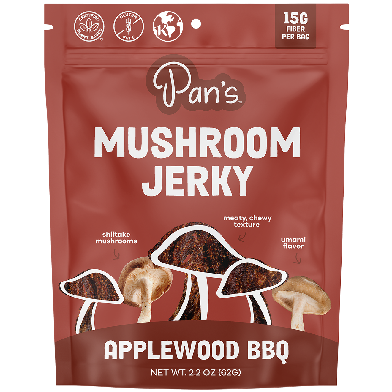 Package of Pan's Mushroom Jerky with Applewood BBQ flavor on a white background