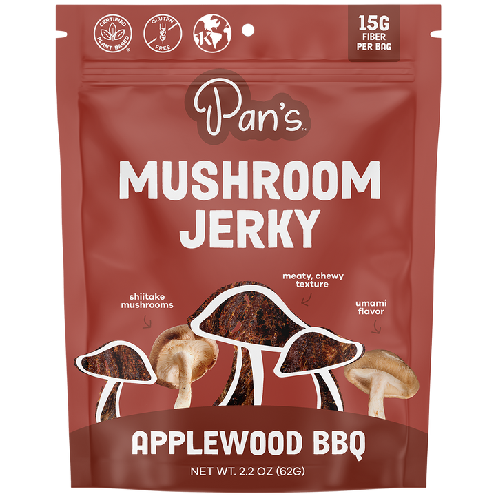 Package of Pan's Mushroom Jerky with Applewood BBQ flavor on a white background