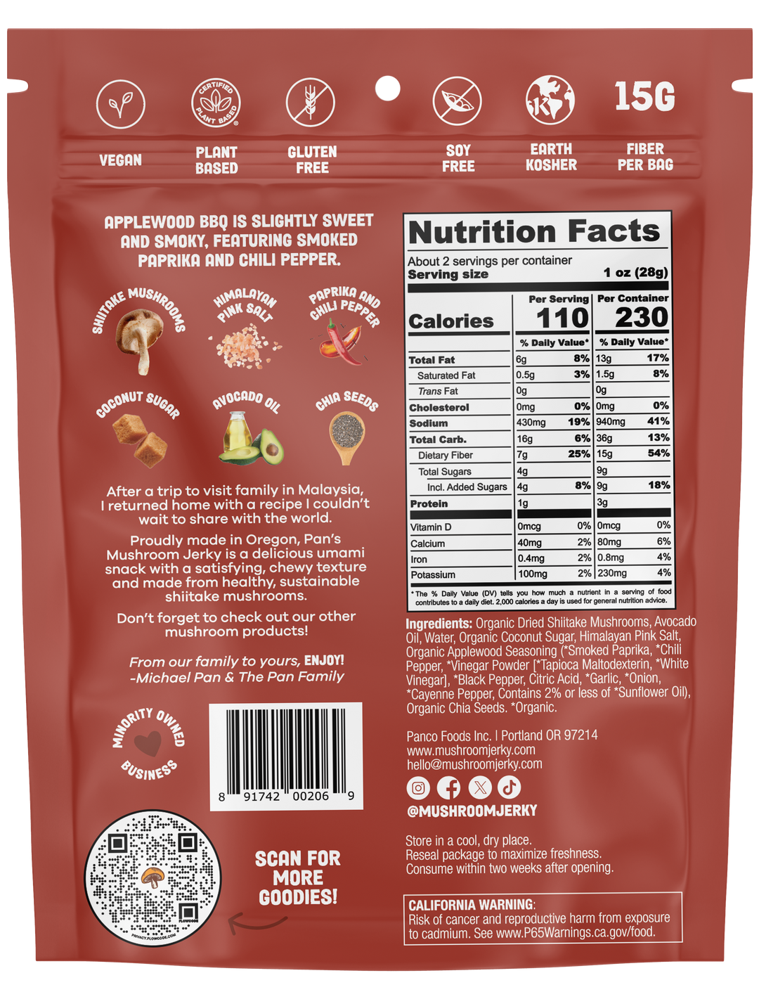 Back of a mushroom jerky package with nutritional information and branding details.