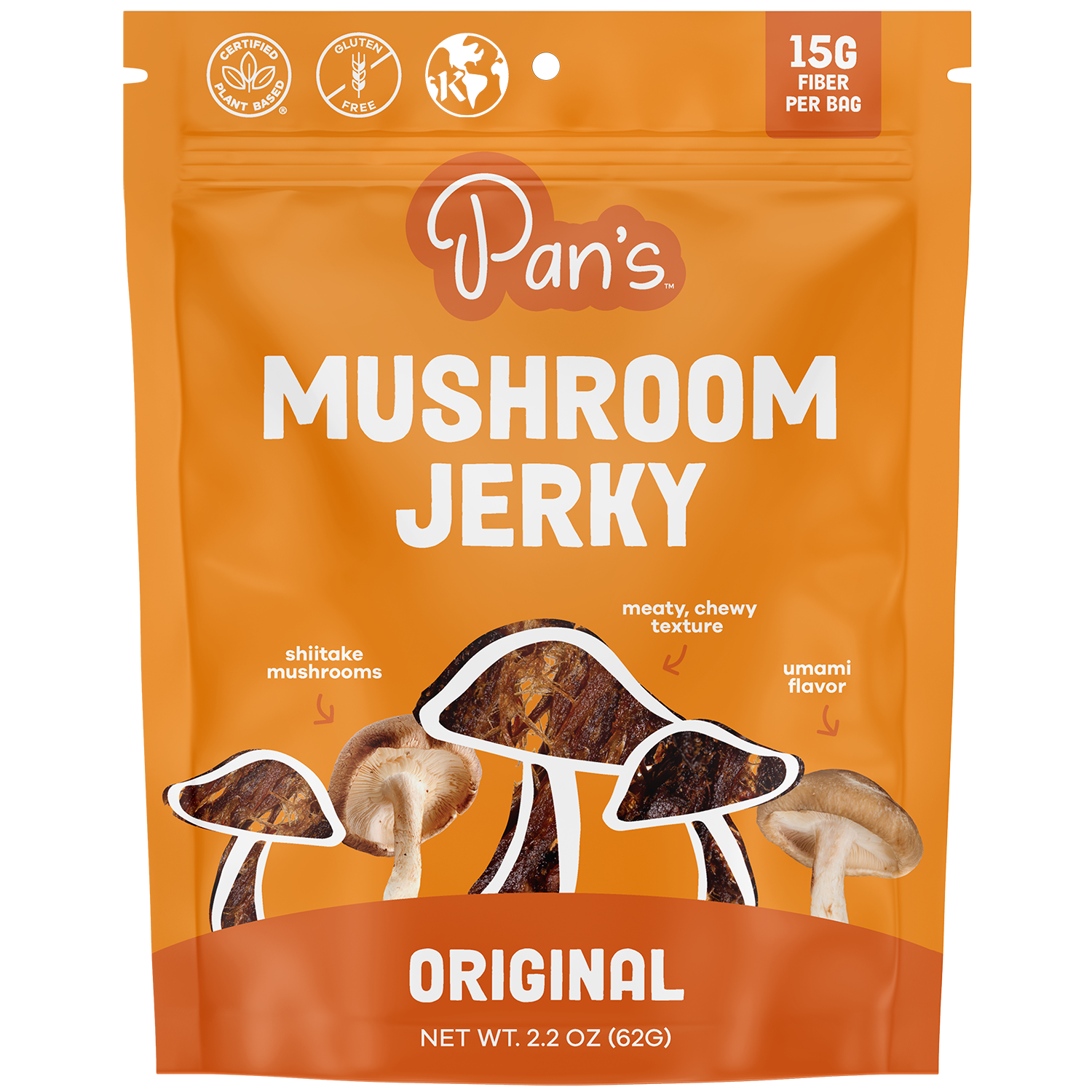 Orange package of Pan's Mushroom Jerky with mushroom illustrations on a white background