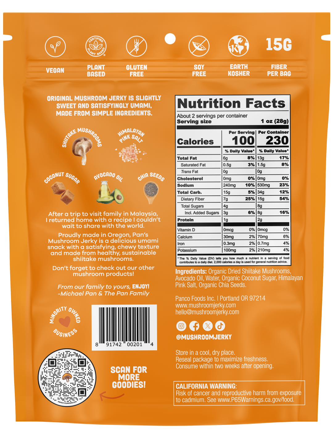 Back of an orange snack package with nutrition facts, ingredients, and branding information.