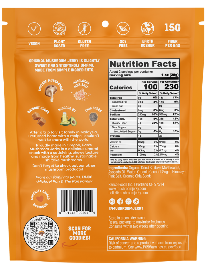 Back of an orange snack package with nutrition facts, ingredients, and branding information.