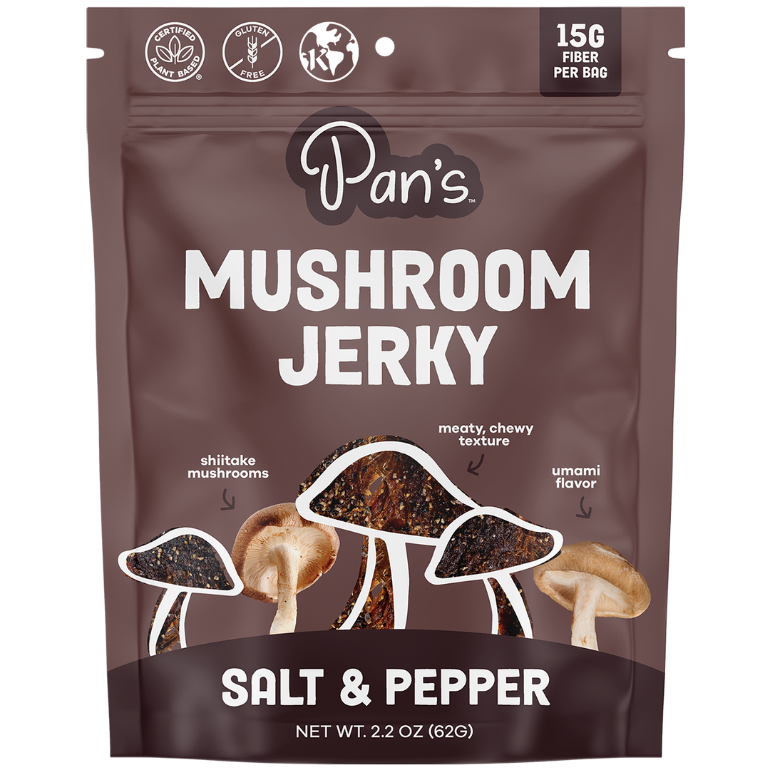 Packaging of Pan's Mushroom Jerky Salt & Pepper flavor on a white background