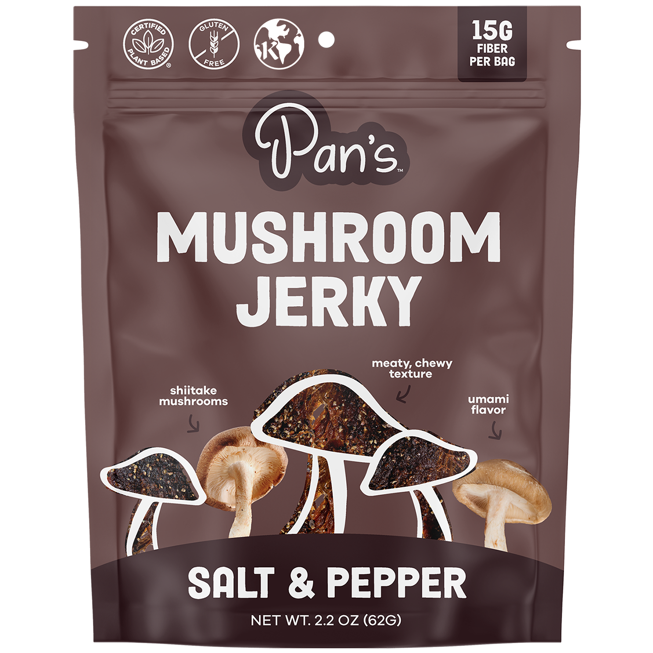 Packaging of Pan's Mushroom Jerky Salt & Pepper flavor on a white background