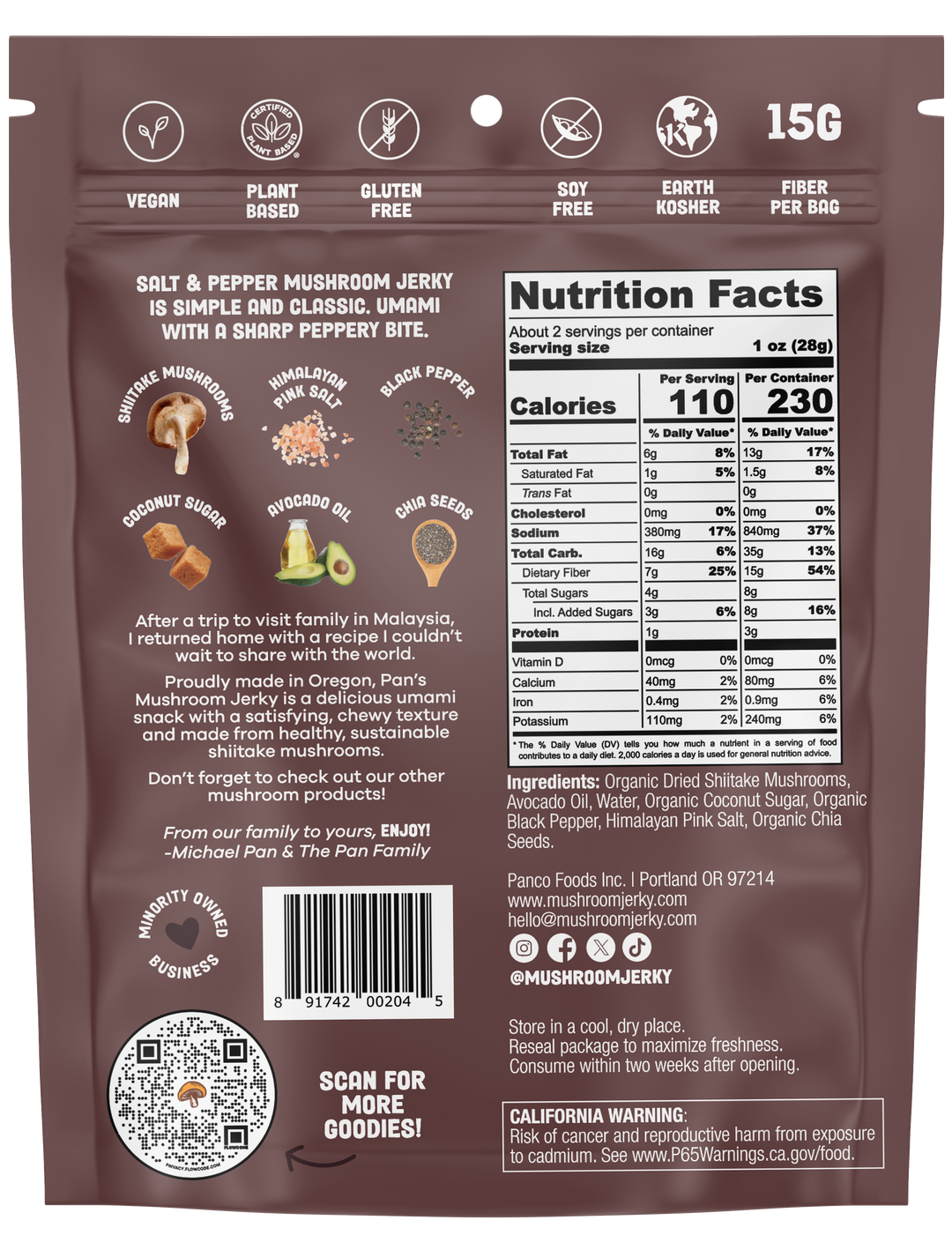 Back of a mushroom jerky package with nutritional information and branding details.