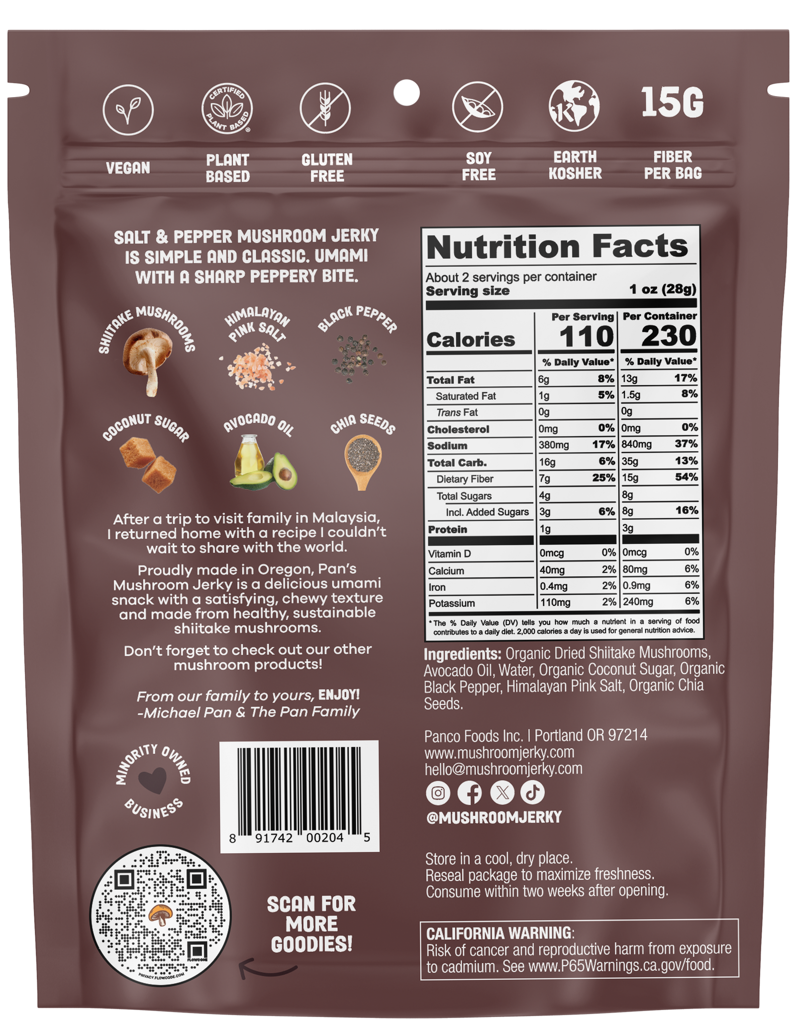 Back of a mushroom jerky package with nutritional information and branding details.