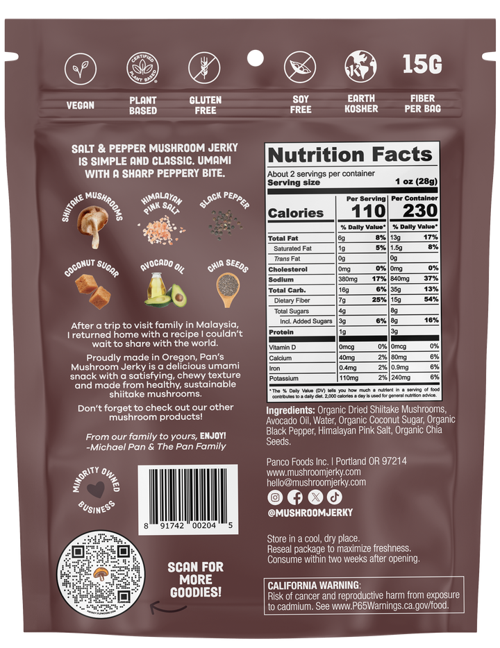 Back of a mushroom jerky package with nutritional information and branding details.