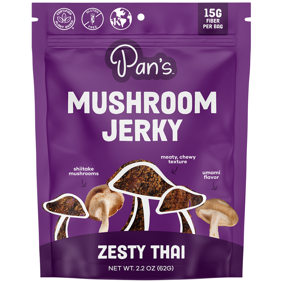 Purple package of Pan's Mushroom Jerky with mushroom illustrations on a white background