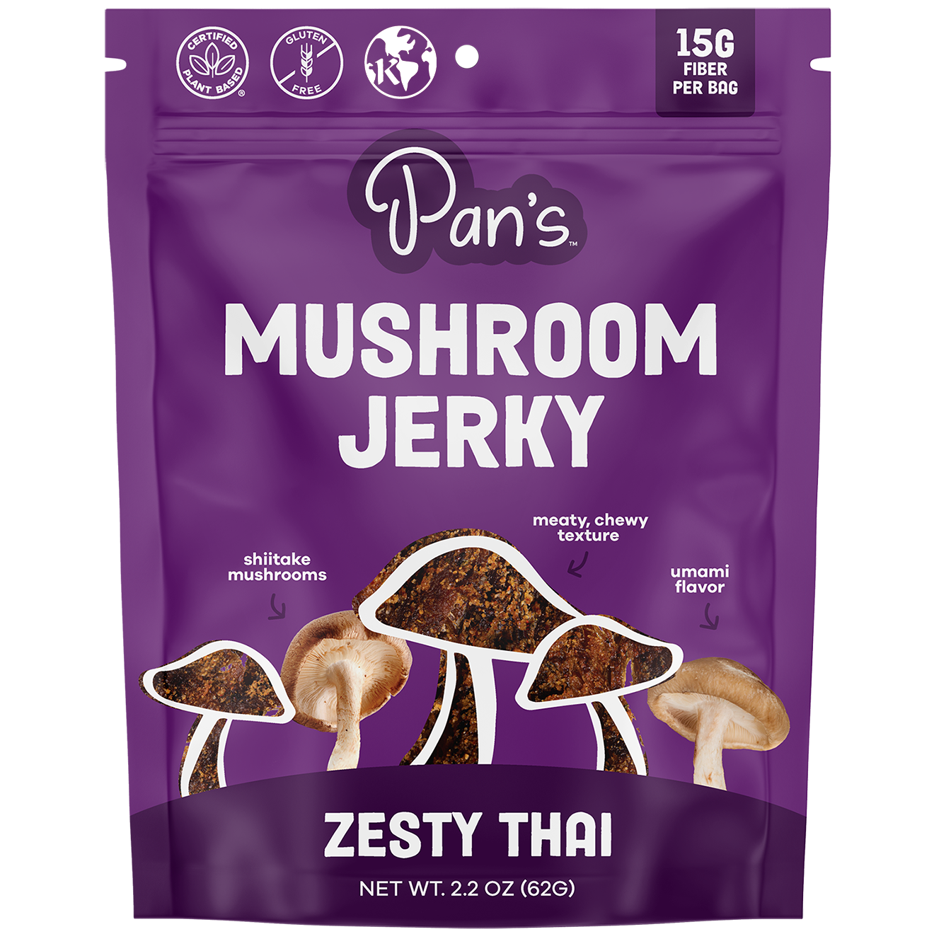 Purple package of Pan's Mushroom Jerky with mushroom illustrations on a white background