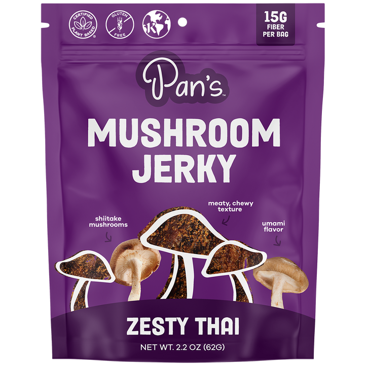 Purple package of Pan's Mushroom Jerky with mushroom illustrations on a white background