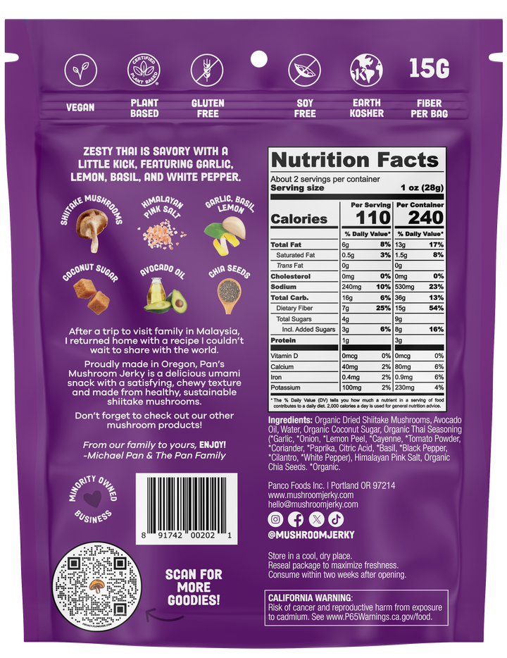 Purple package with nutrition facts and product description on a white background