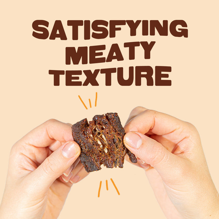 Hands holding a piece of meat with text 'Satisfying Meaty Texture' on a beige background
