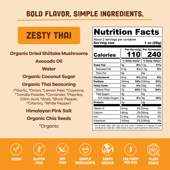 Zesty Thai seasoning label with ingredients, nutrition facts, and certification icons on a beige background.