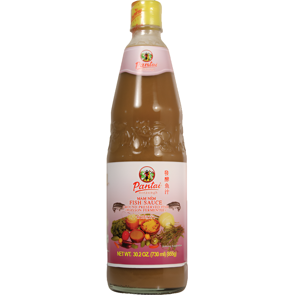 Bottle of Pantai fish sauce on a white background