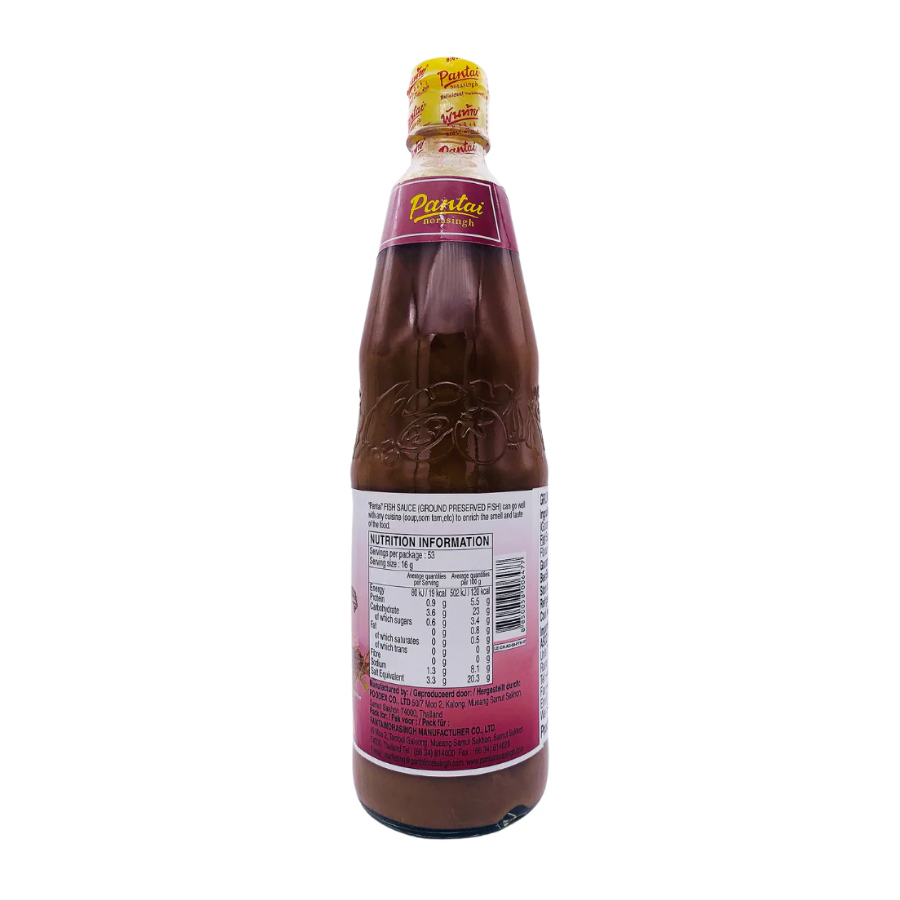 Bottle of Pantai fish sauce nutrition label  on a white label on a white background