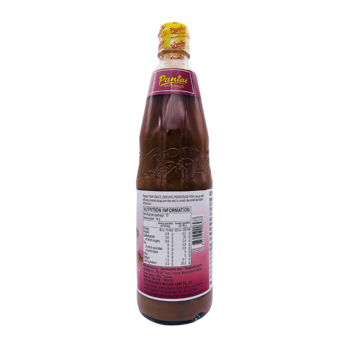 Bottle of Pantai fish sauce nutrition label  on a white label on a white background