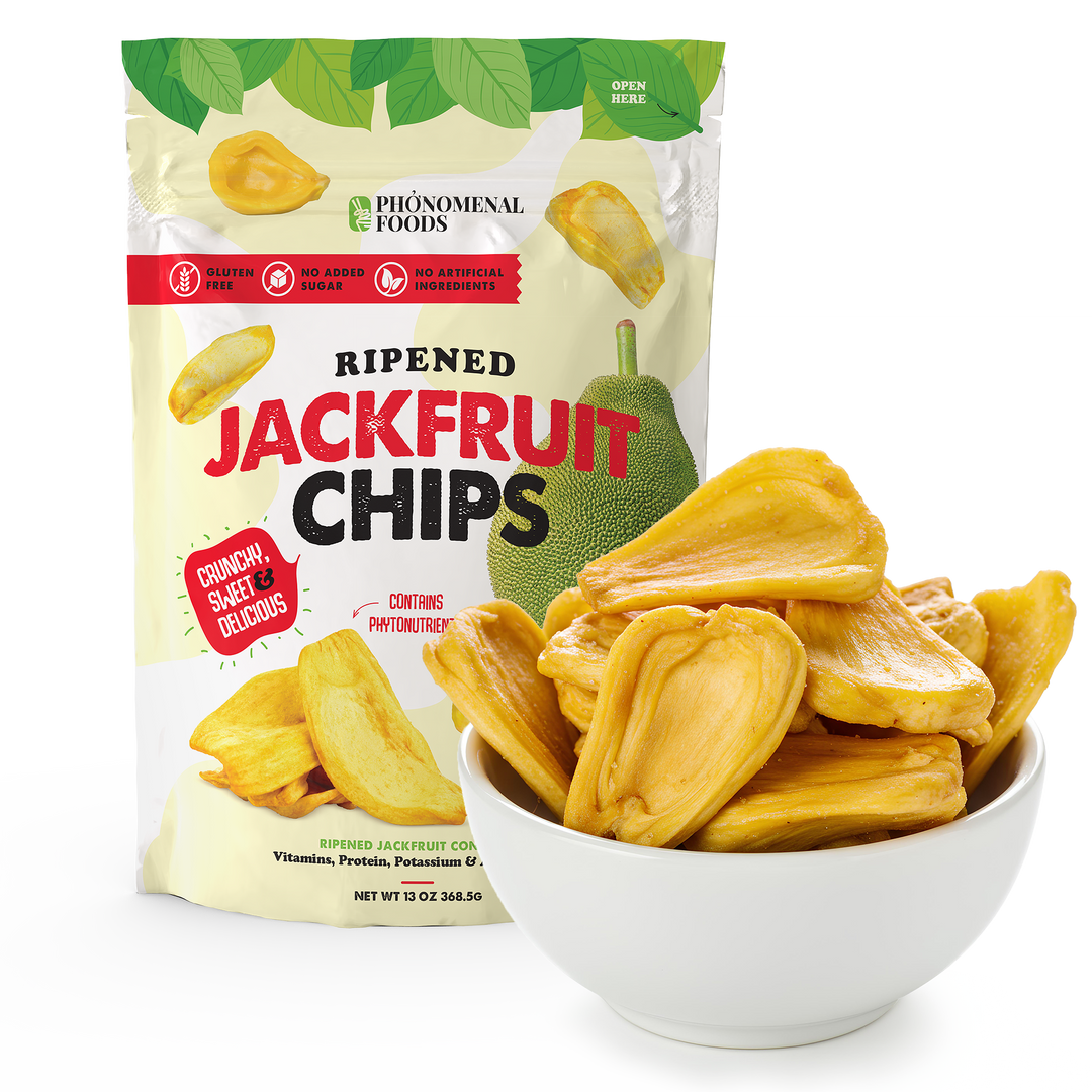 Packaged jackfruit chips with a bowl of chips on a white background