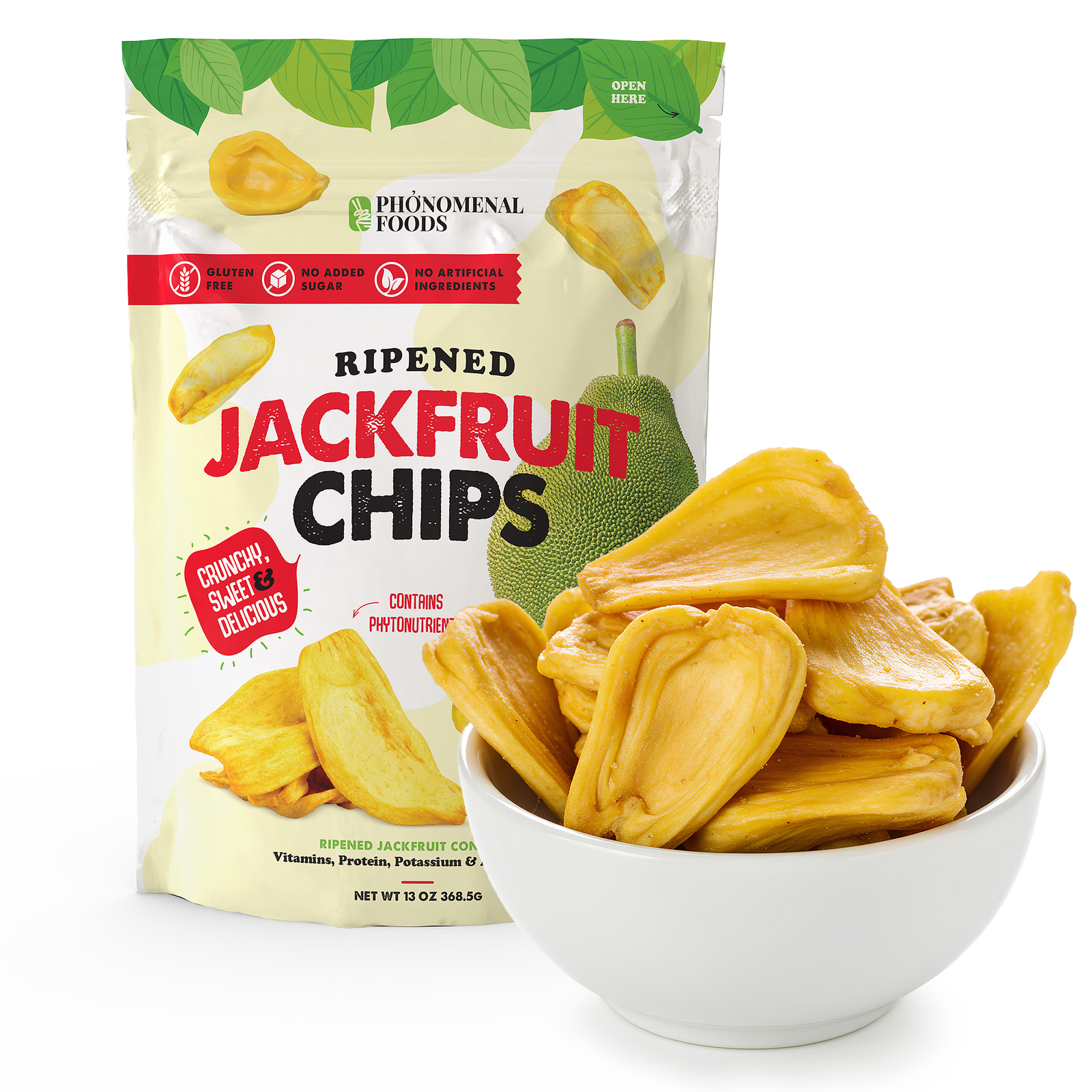 Packaged jackfruit chips with a bowl of chips on a white background
