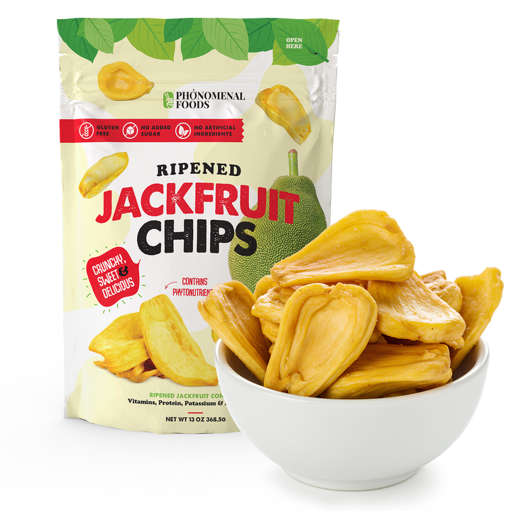 Packaged jackfruit chips with a bowl of chips on a white background