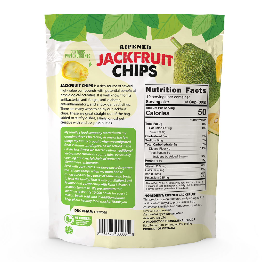 Packaging of ripened jackfruit chips with nutritional information and ingredients listed.