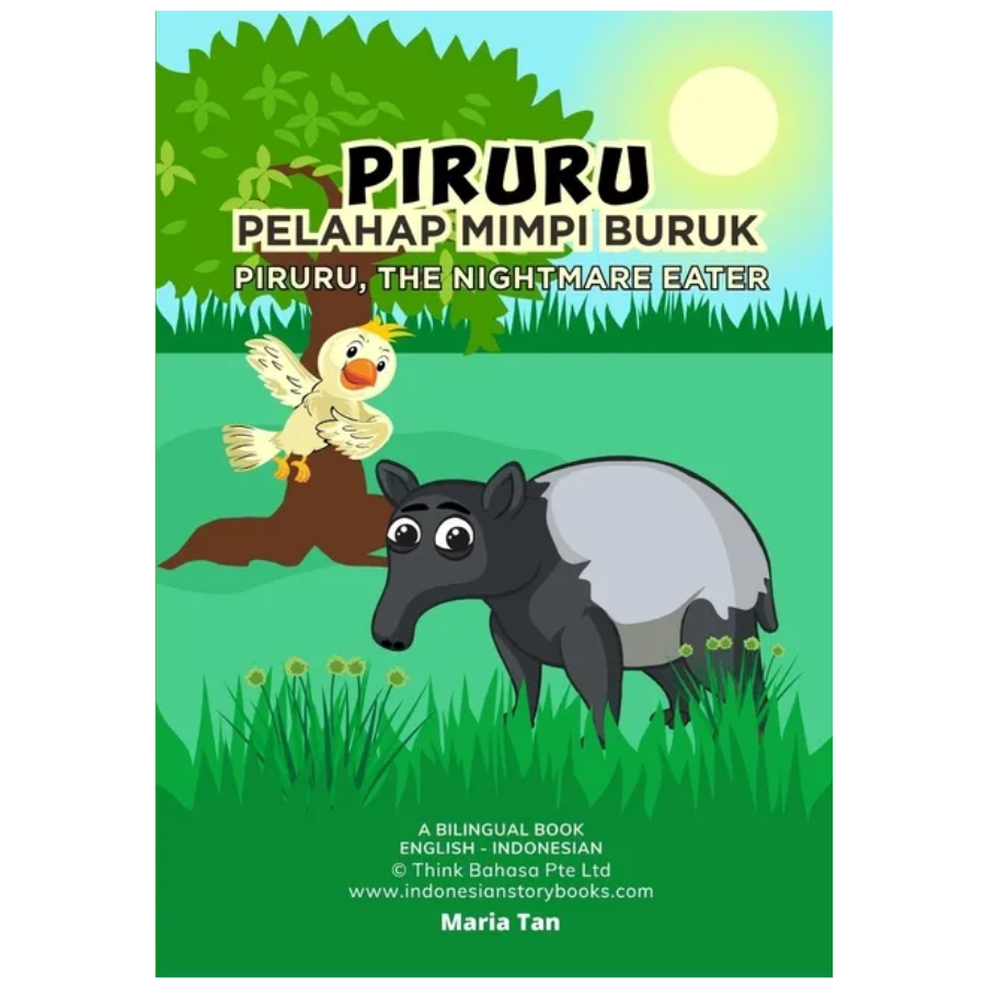 Book cover of 'Piruru, The Nightmare Eater' with a cartoon tapir and bird on a green background