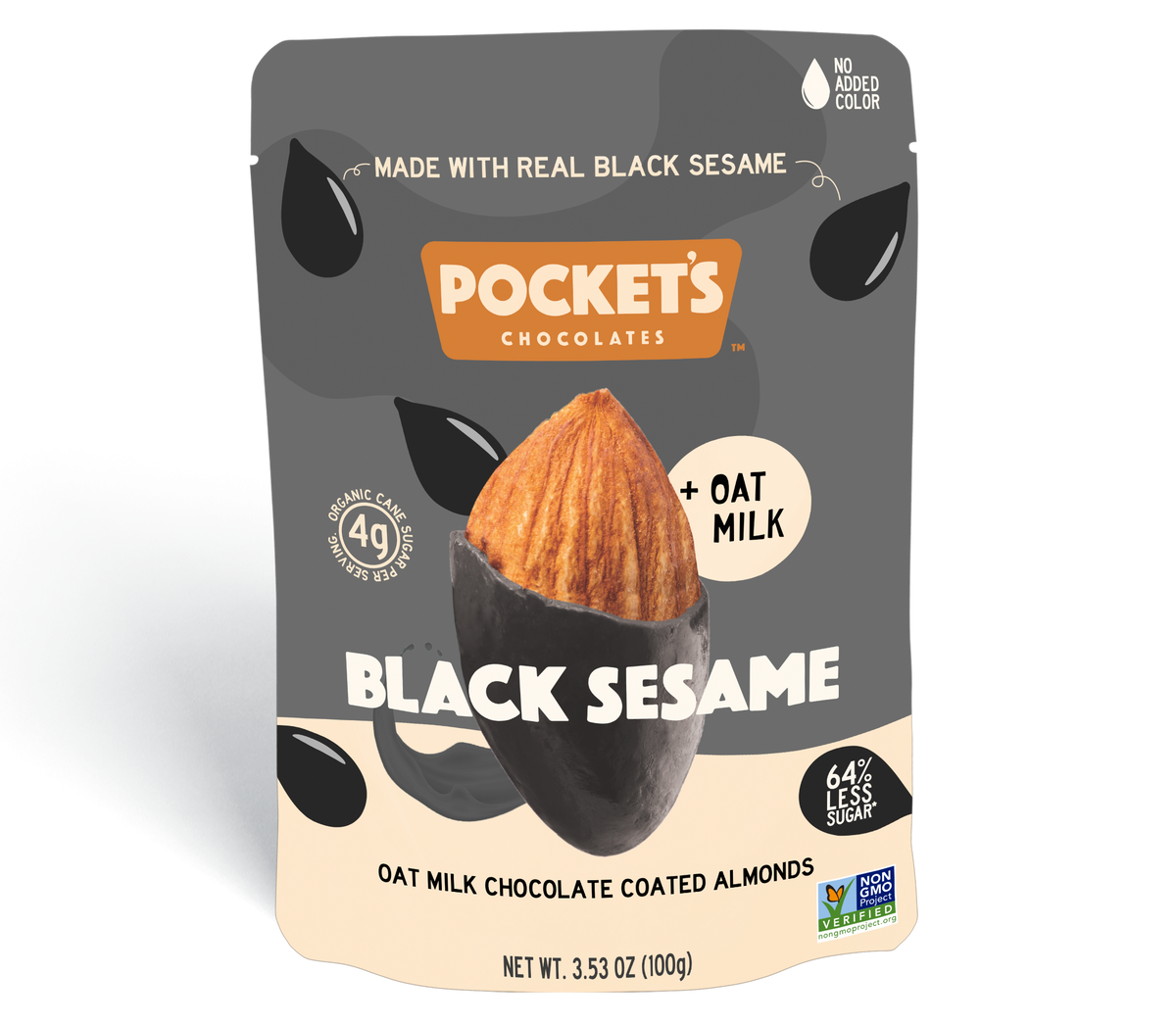 Pocket's Chocolates Black Sesame oat milk chocolate-coated almonds packaging, featuring an almond partially covered in black sesame chocolate.